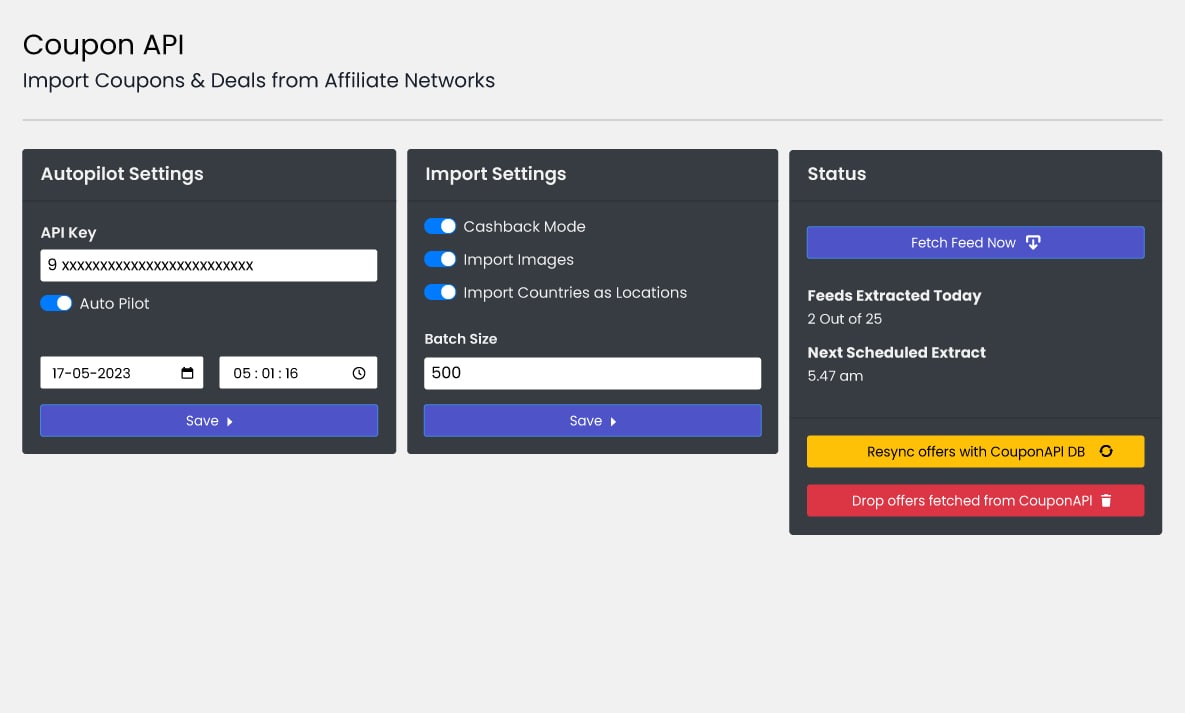 Captura de pantalla del plugin de WordPress Cupón API